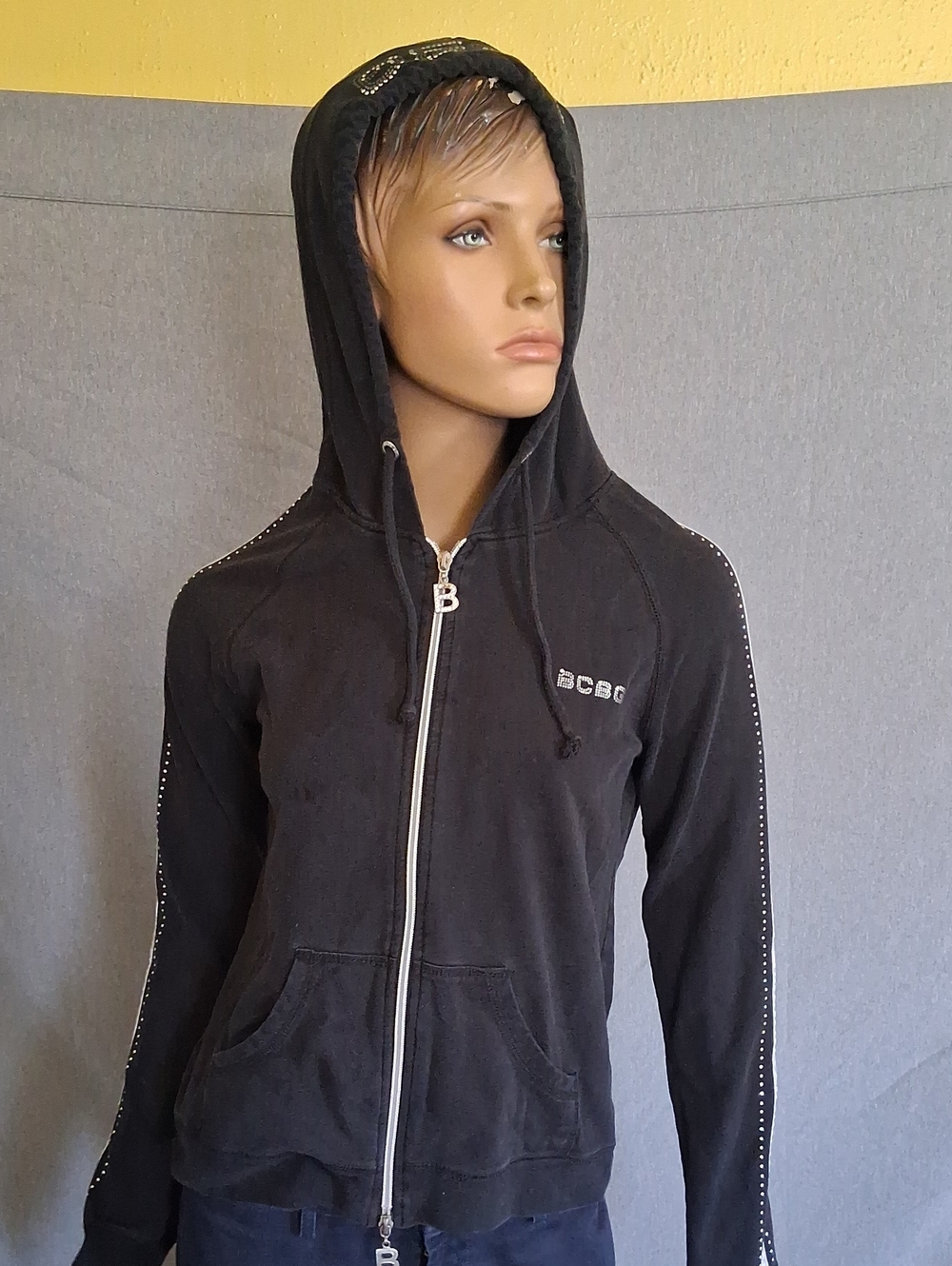 BCBG Black Zip-Up Hoodie Jacket with Studded Sleeve Trim